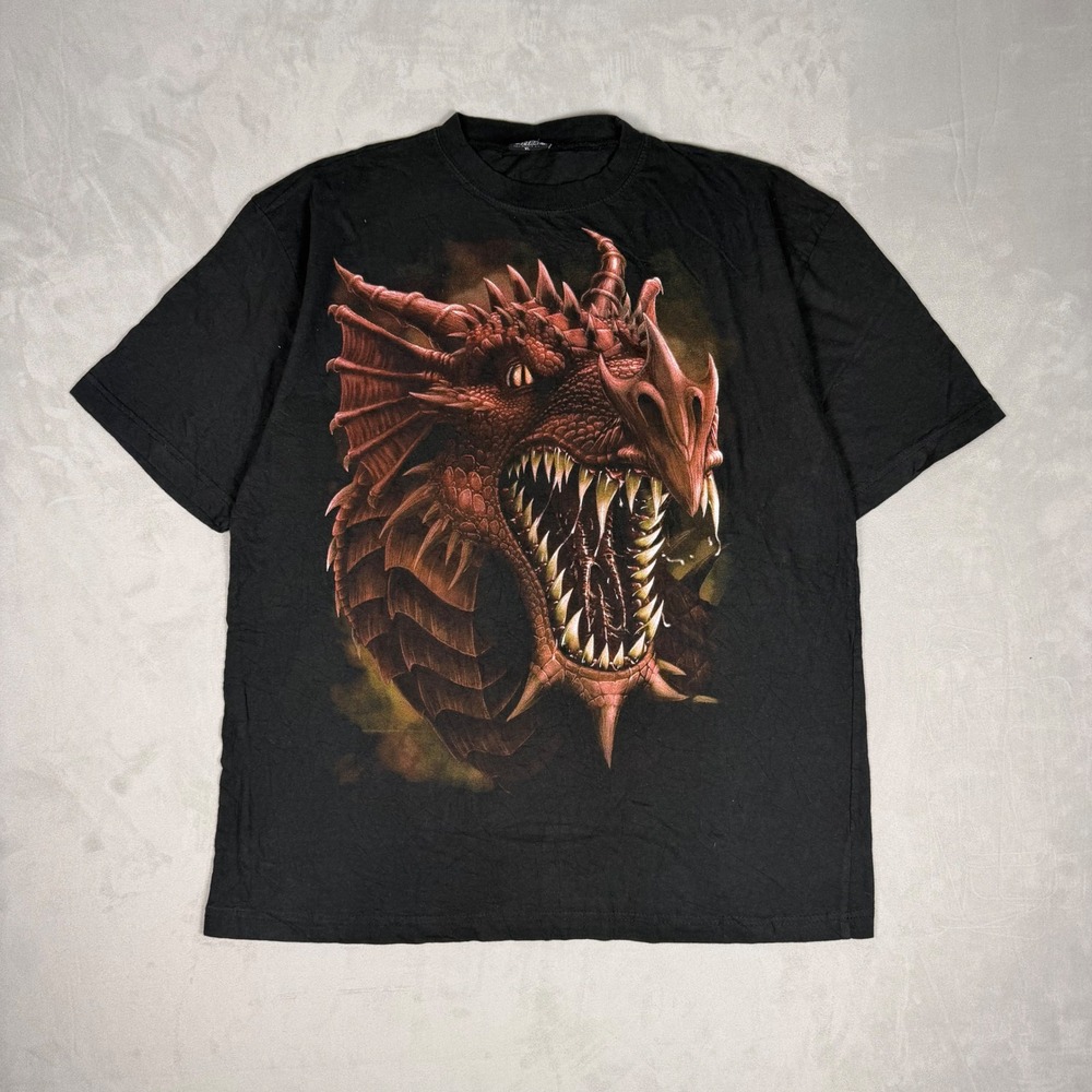 Y2K Mens Spiral USA Red Dragon Skull Graphic Tee Goth Fantasy XL